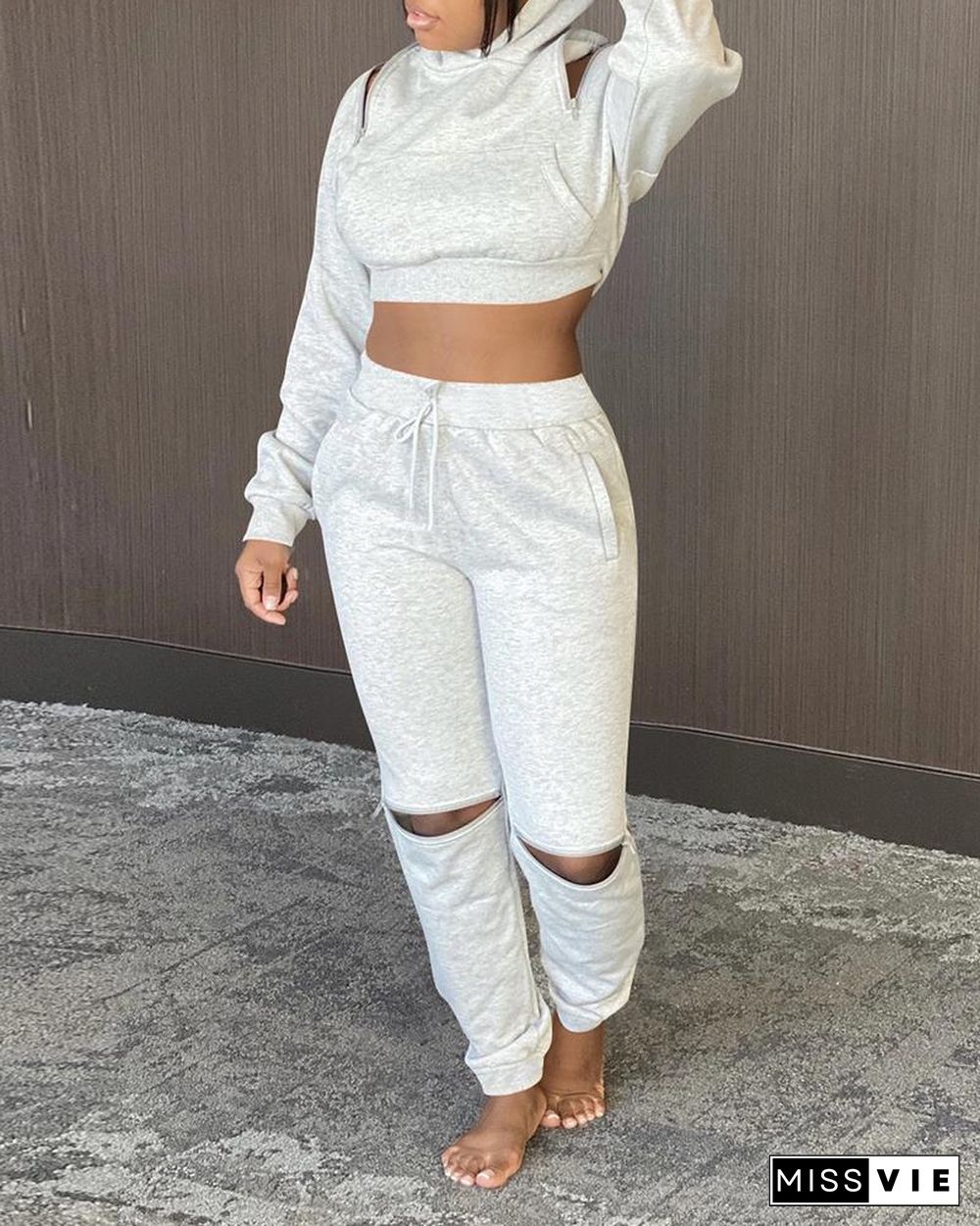 Cutout Crop Hooded Top & Drawstring Pants Set P11176