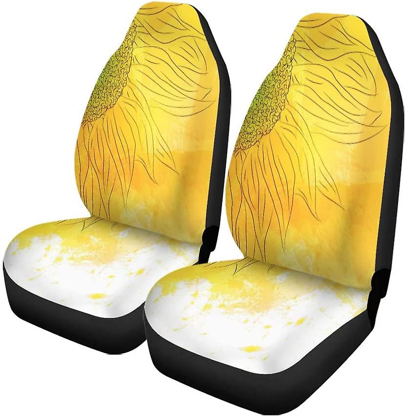 Set Of 2 Car Seat Covers Sunflower Bright Sunny Yellow Flower On Watercolor For Birthday Universal Auto Front Seats Protector Fits