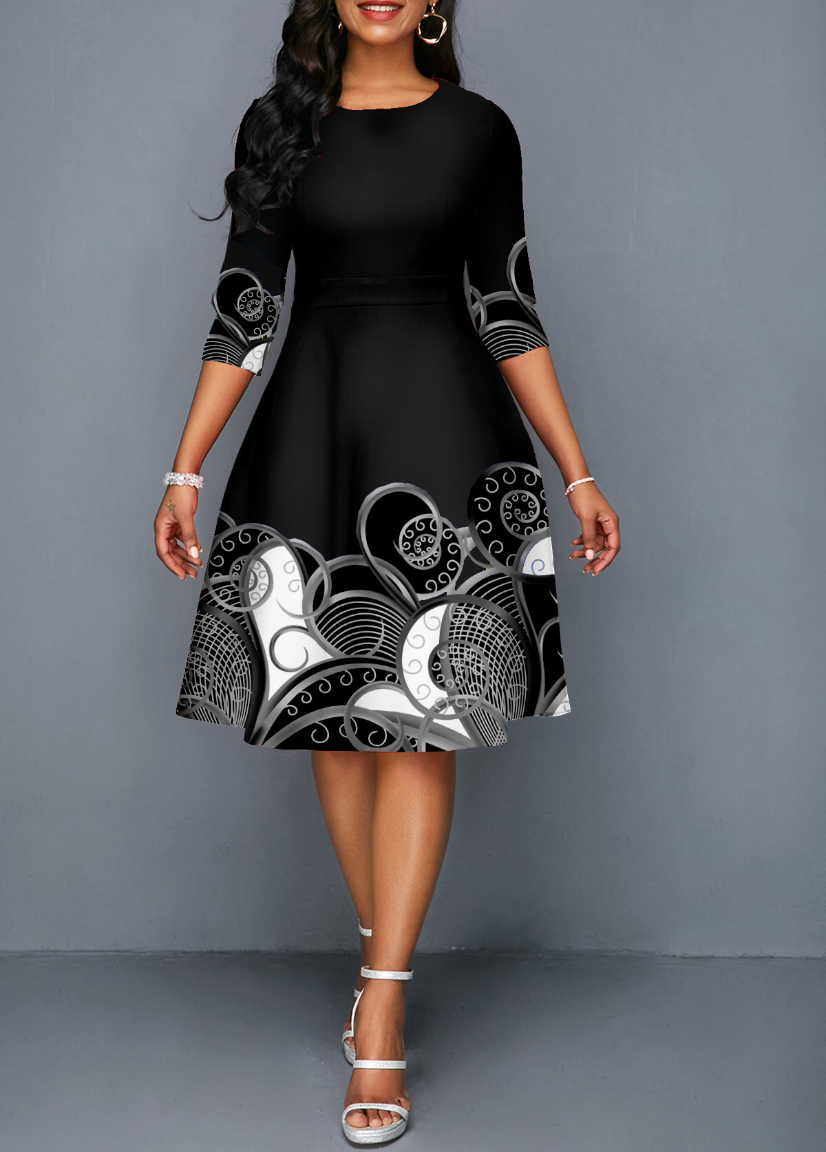 Tribal Print Three Quarters Sleeve Round Neck Dress