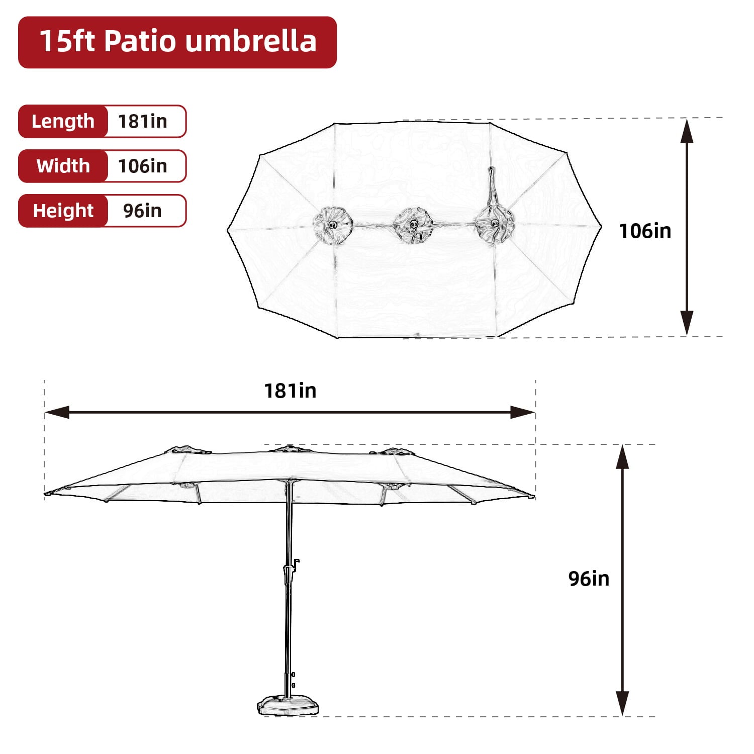 Wesfital 15ft Large Rectangle Umbrellas Double-Sided Outdoor Market Umbrella with UV Sun Protection & Easy Crank for Backyard, Poolside, Lawn and Garden, Red