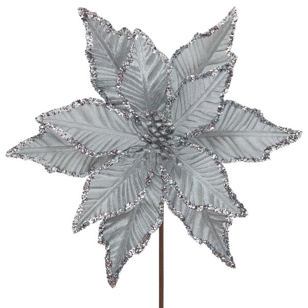 Glittered Silver Poinsettia Christmas Stem Spray