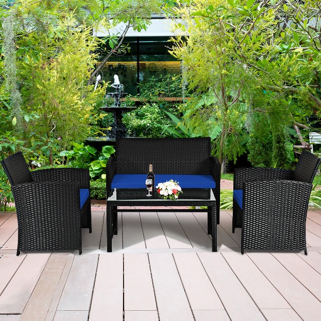 Tangkula 4 Piece Outdoor Patio Rattan Furniture Set Navy Cushioned Seat For Garden Porch Lawn