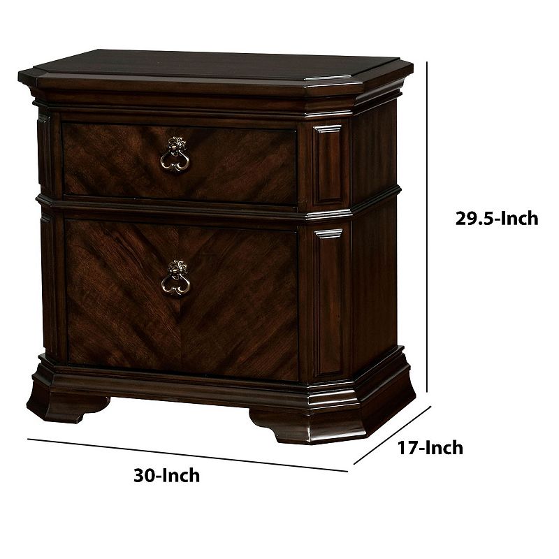 Two Drawer Solid Wood Nightstand with Clipped Corner， Espresso Brown