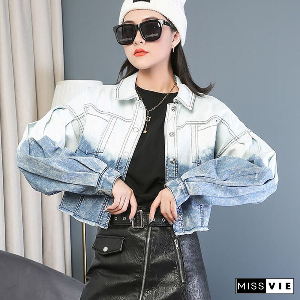 Spring Tie Dye Denim Cropped Jacket Women Casual Loose Jeans Jacket All Match Short Lady Coats Street Wear Korean New