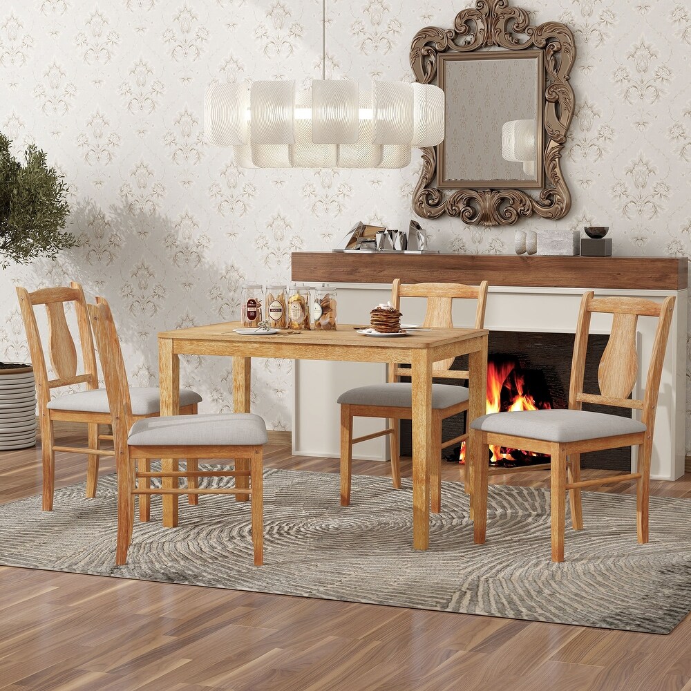 Classic Farmhouse 5 Piece Wooden Fixed Dining Table Set with Rectangular Dining Table   Upholstered Side Chair  for Living Room