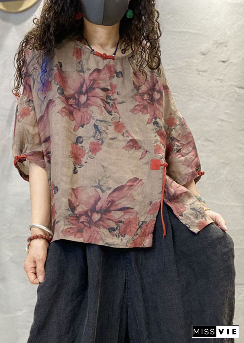 Art Red Print Asymmetrical Oriental Button Linen Shirt Top Half Sleeve