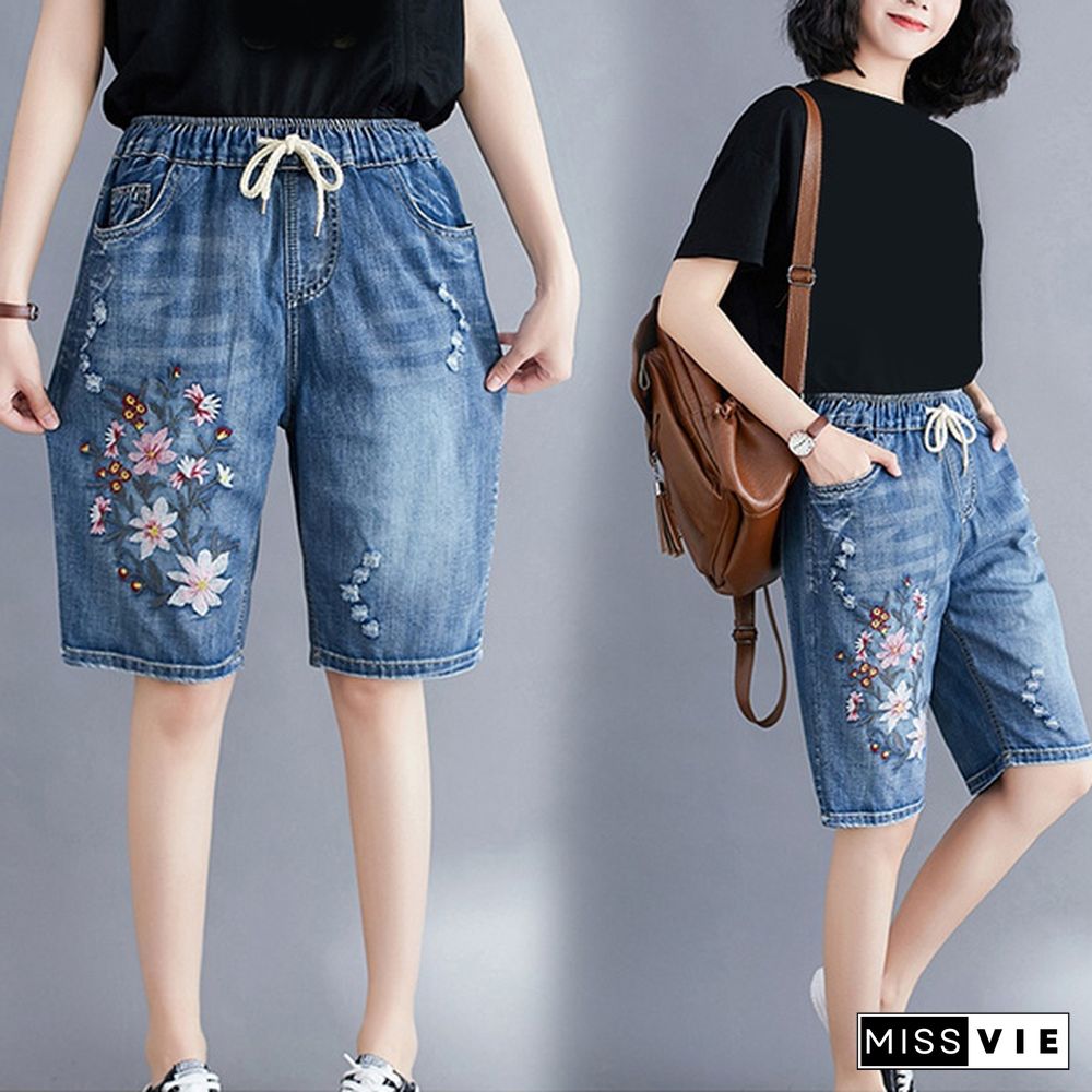 Women Summer Folk Style Elastic Waist Floral Embroidery Drawstring Ripped Shorts Female Office Lady Casual Loose Denim Short