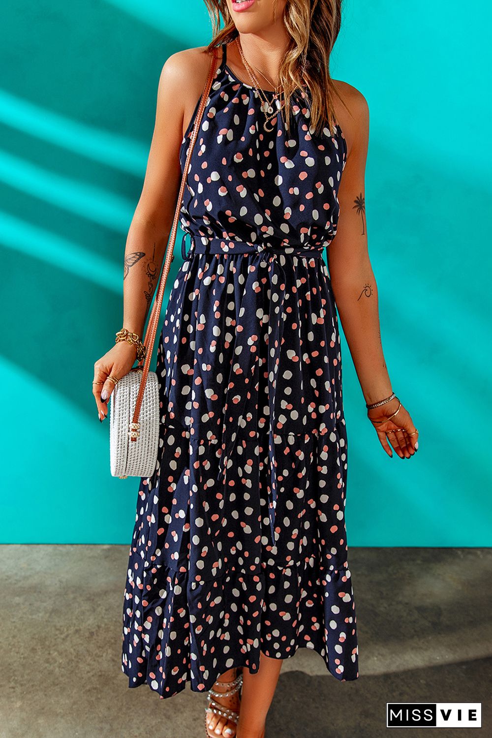 Blue Polka Dot Print Spaghetti Straps Maxi Dress