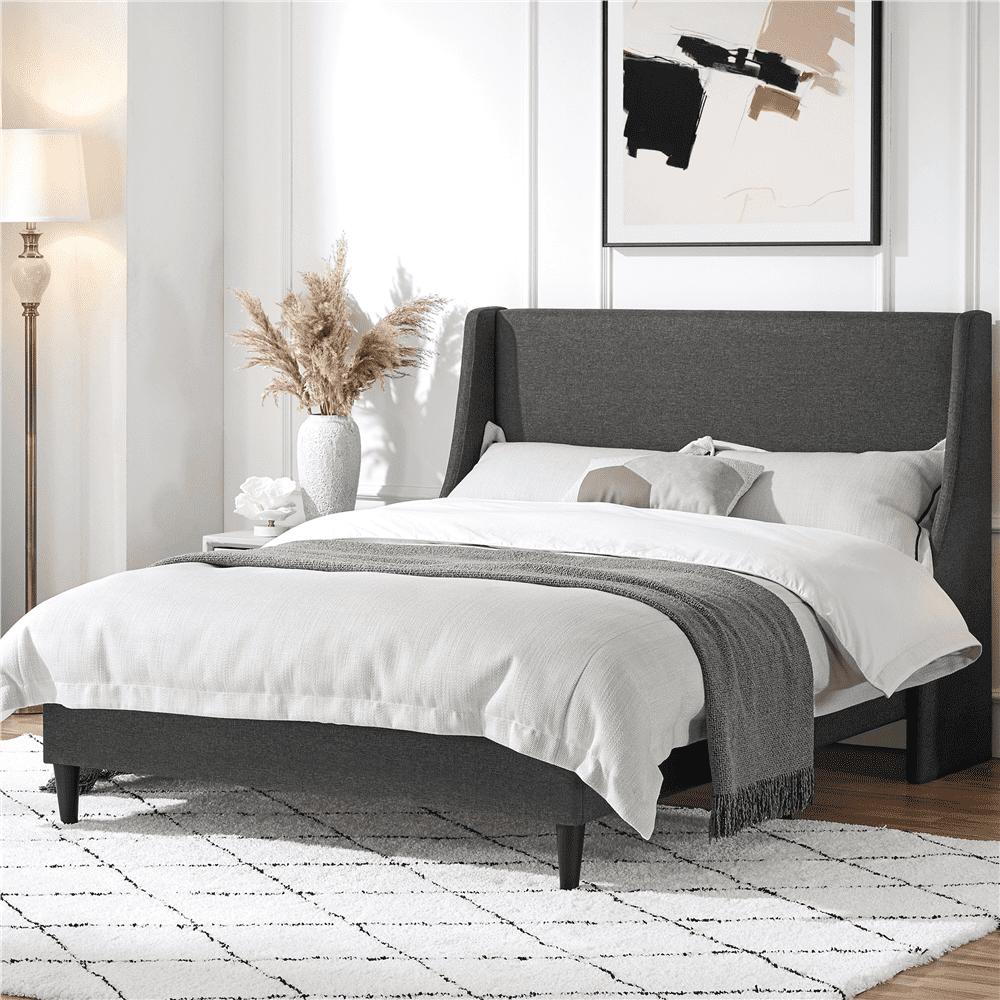 Easyfashion Upholstered Platform Bed Frame with Wingback Headboard, Dark Gray, Full