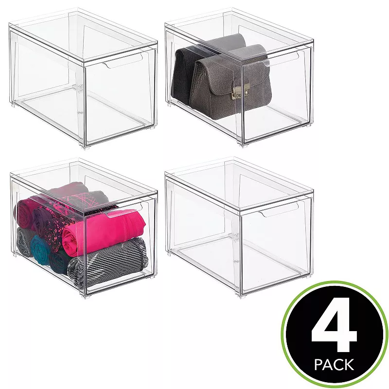 mDesign Clarity 12 x 8 x 8 Plastic Stacking Closet Storage Organizer Bin with Drawer， 4 Pack