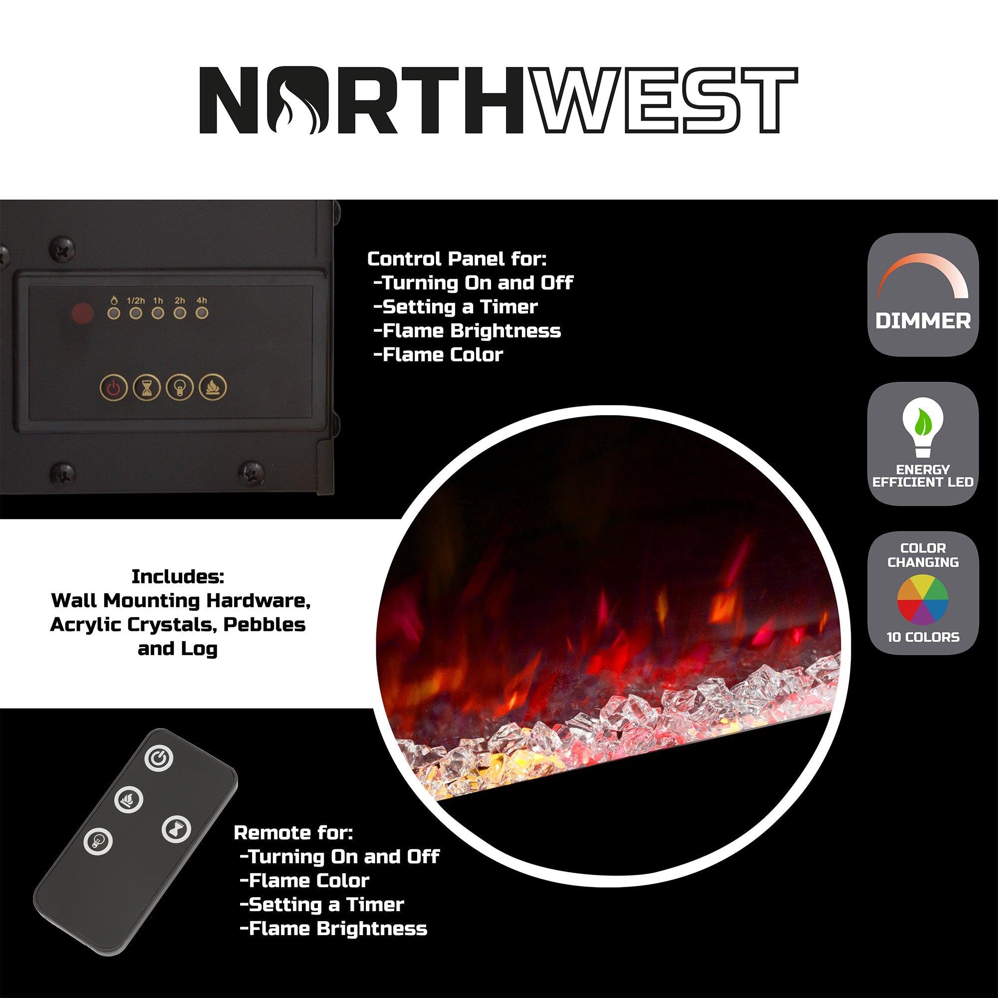 Northwest 50" Electric Fireplace Wall Mount (Black)