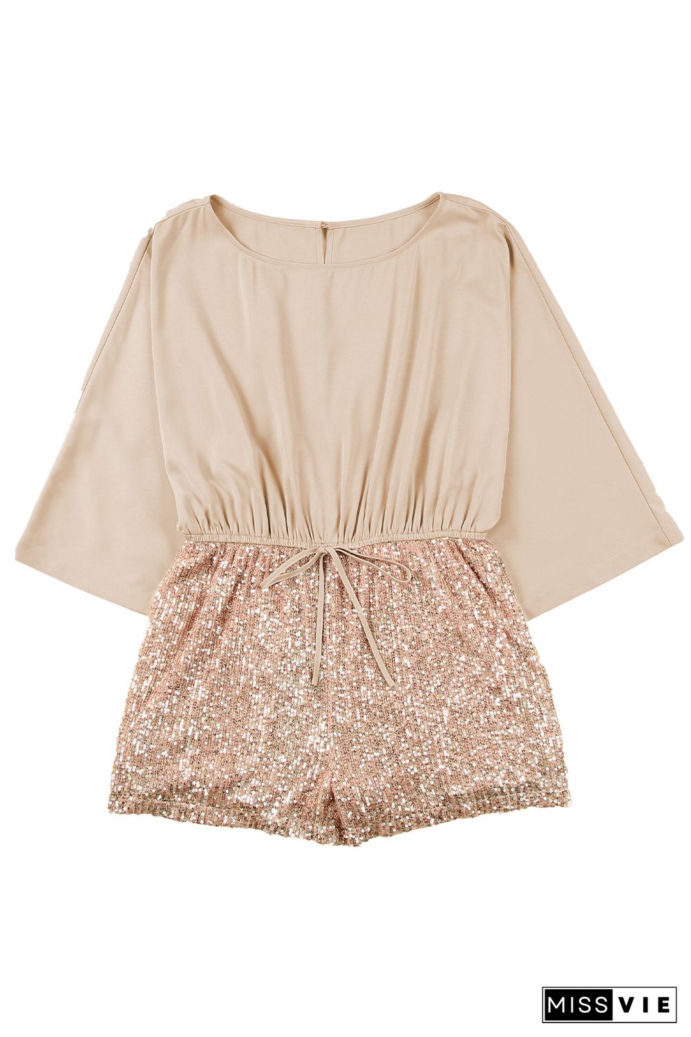 Khaki Sequin Patchwork Drawstring High Waist Romper