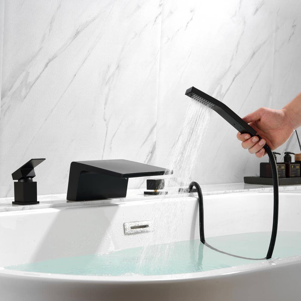 Boyel Living Single-Handle Tub Deck Mount Roman Tub Faucet with Hand Shower and Water Suply Hose in Matte Black SMD-1723B