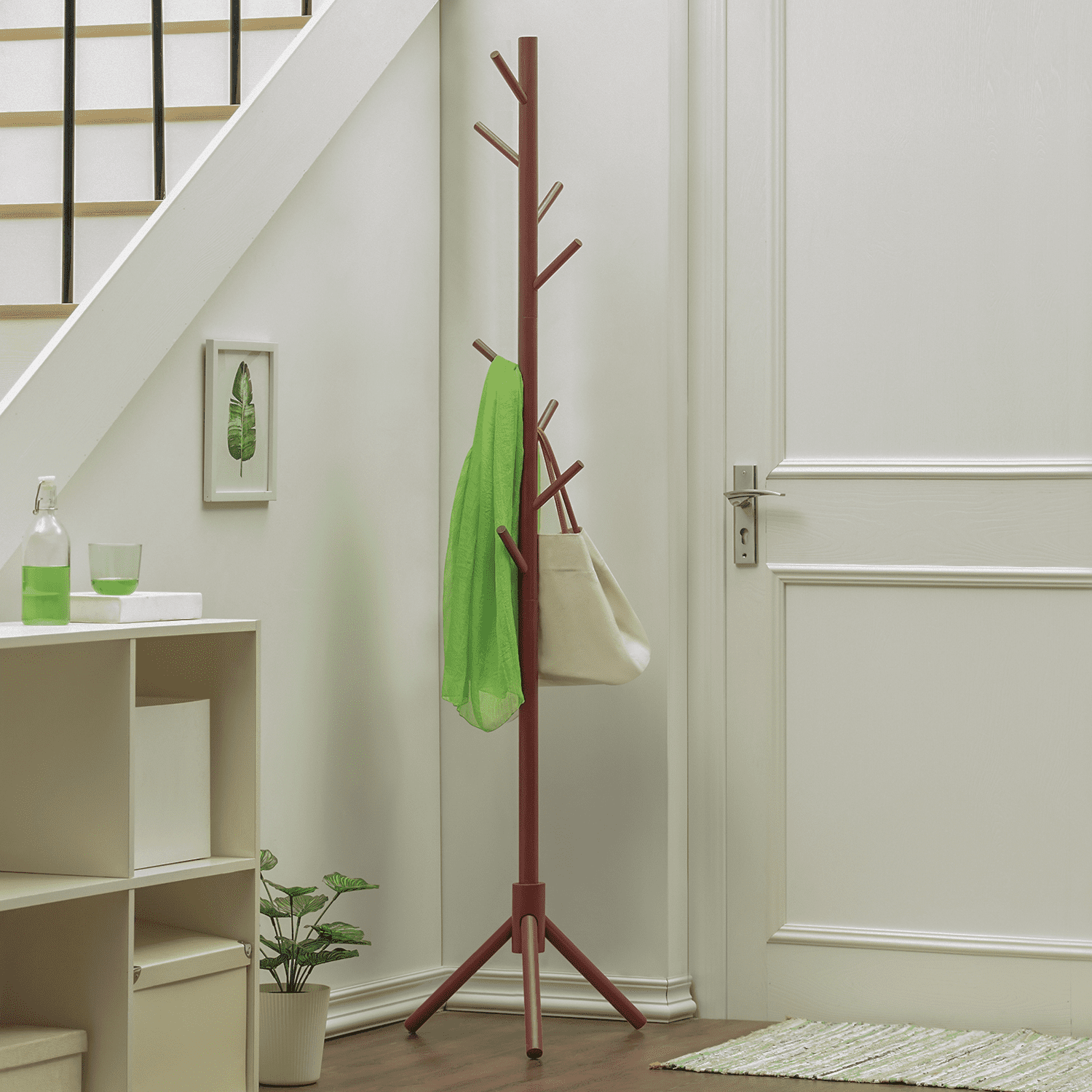 MoNiBloom Wood Adjustable Modern Coat Rack， with 8 Hooks， Clothes Handbag Storage Stand， Hall Tree， Coffee， for Entryway