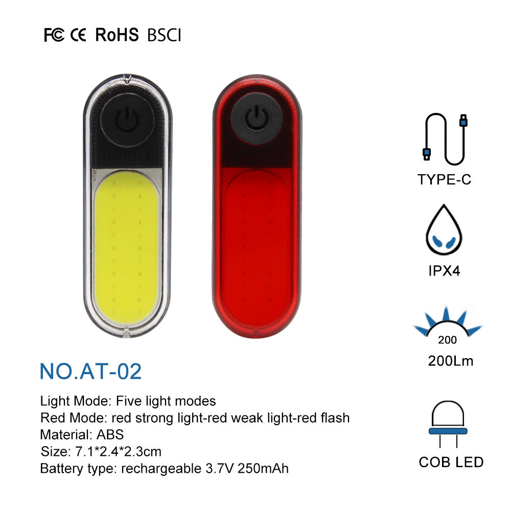 AT Customized Mini  Bike Tail Light Safety Warning Cob Usb Rechargeable Waterproof  Bicycle Rear Light for Night Riding