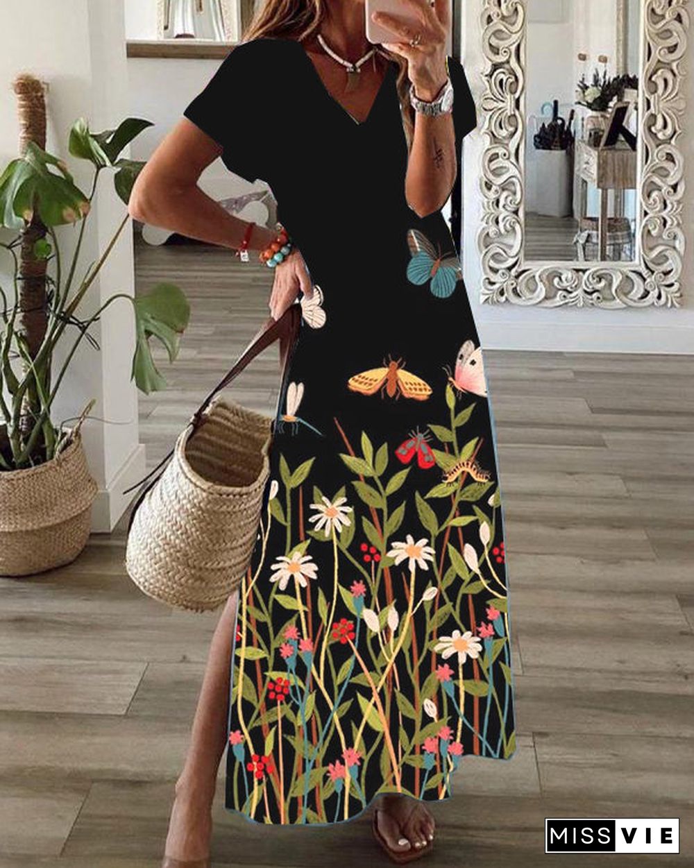 Casual Floral Print V-Neck Short Sleeve Hem Slit Maxi Dress