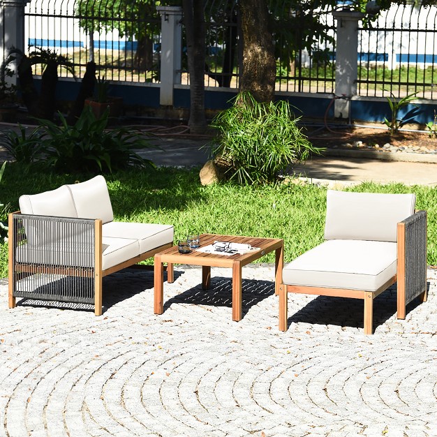 Costway 3pcs Patio Acacia Wood Sofa Furniture Set Thick Cushion W nylon Rope Armrest