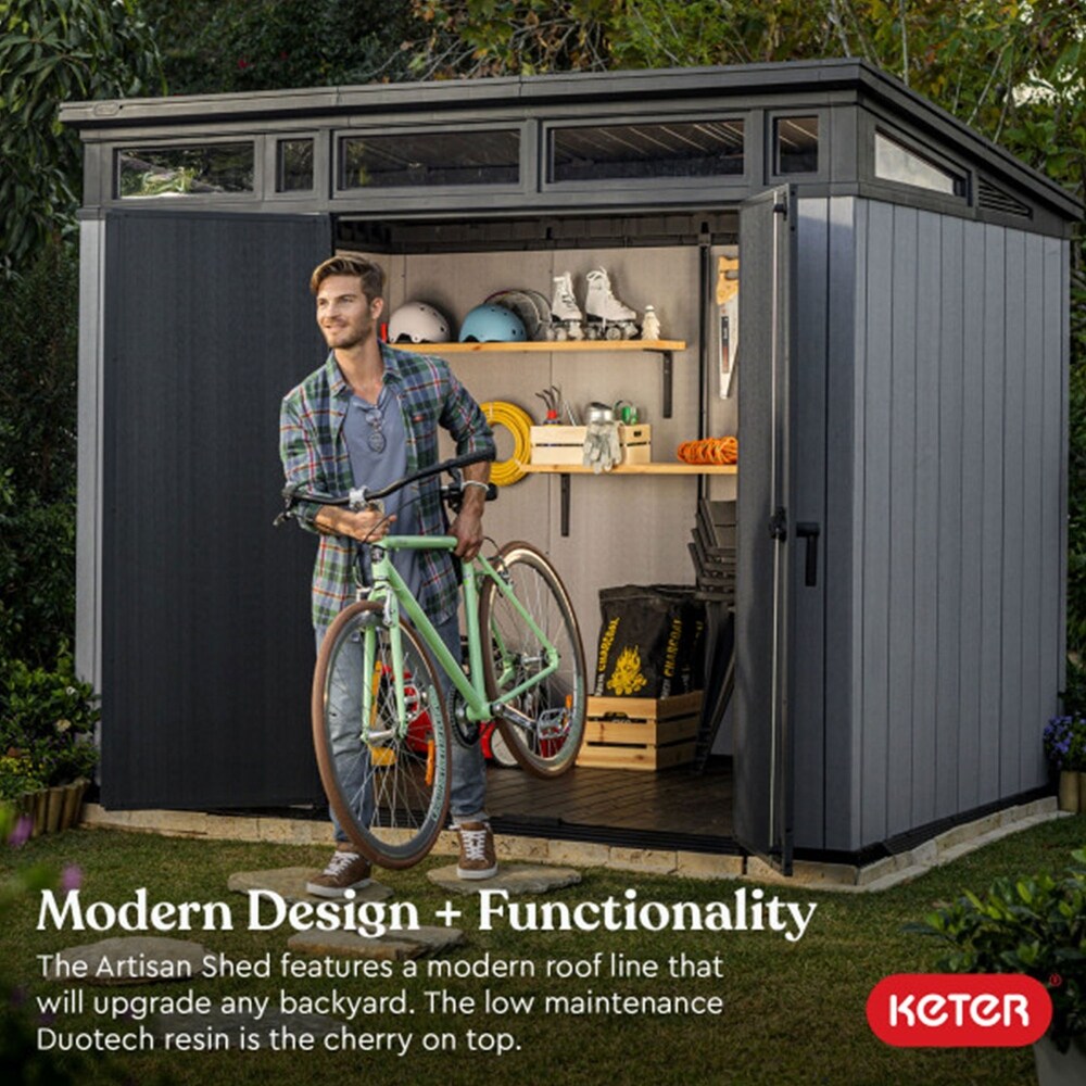 Keter Artisan 9x7 Foot Large Outdoor Shed with Floor with Modern Design  Grey   374