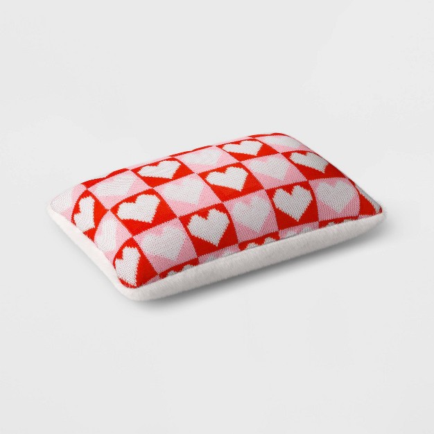 Valentine x27 s Day Knit Checkered Hearts Lumbar Throw Pillow Pink red white