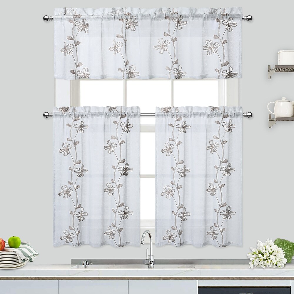 Sheer Kitchen Tier Curtains  Floral Embroidered Semi Sheer Short Curtain