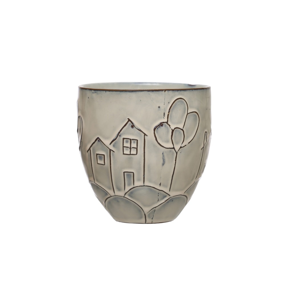 Debossed Stoneware Planter with House and Balloons Design   5.3\