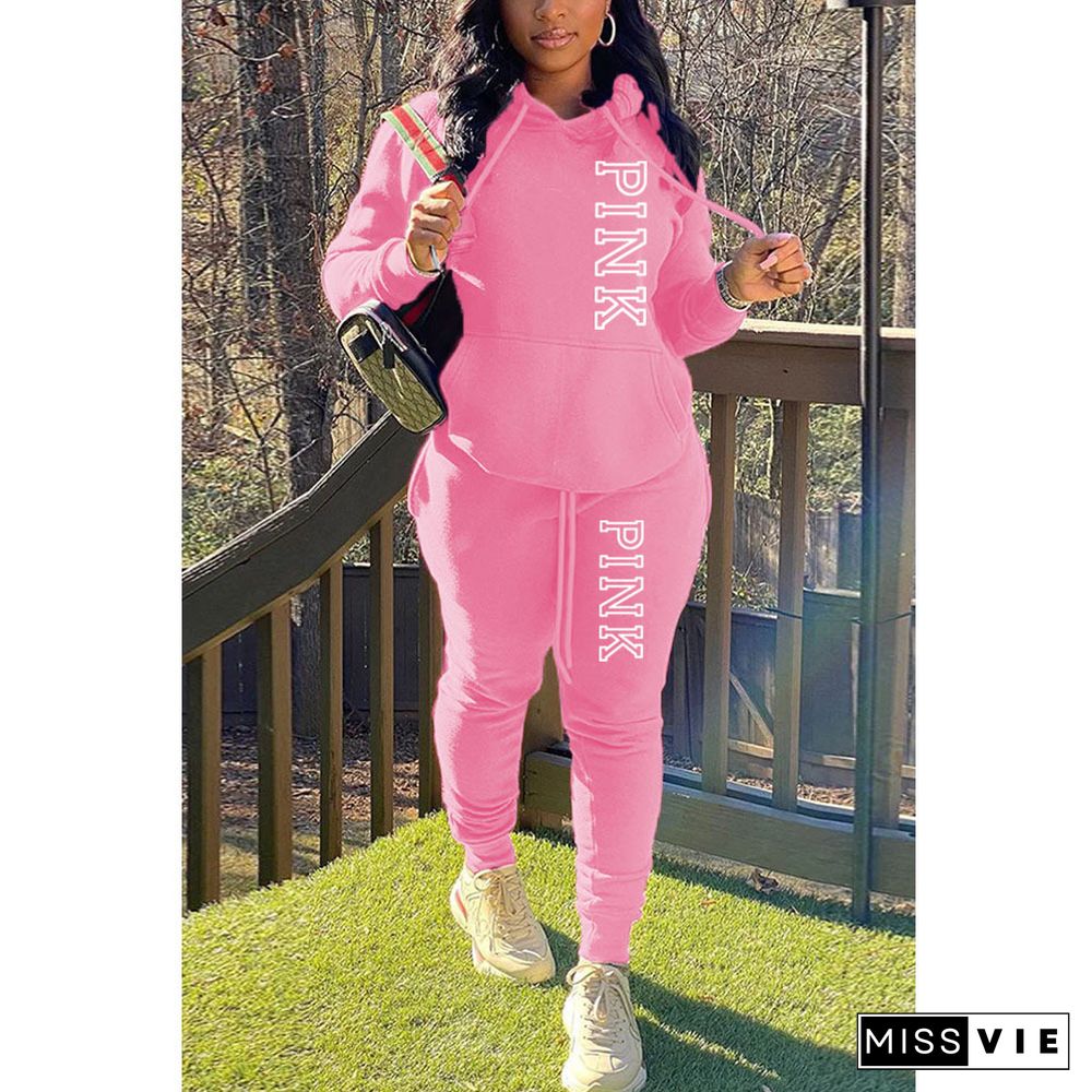 PINK Letter Print Pullover Hoodies and Pants Tracksuit