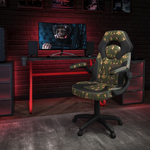 Optis Red Gaming Desk and Camouflage/Black Racing Chair Set with Cup Holder and Headphone Hook