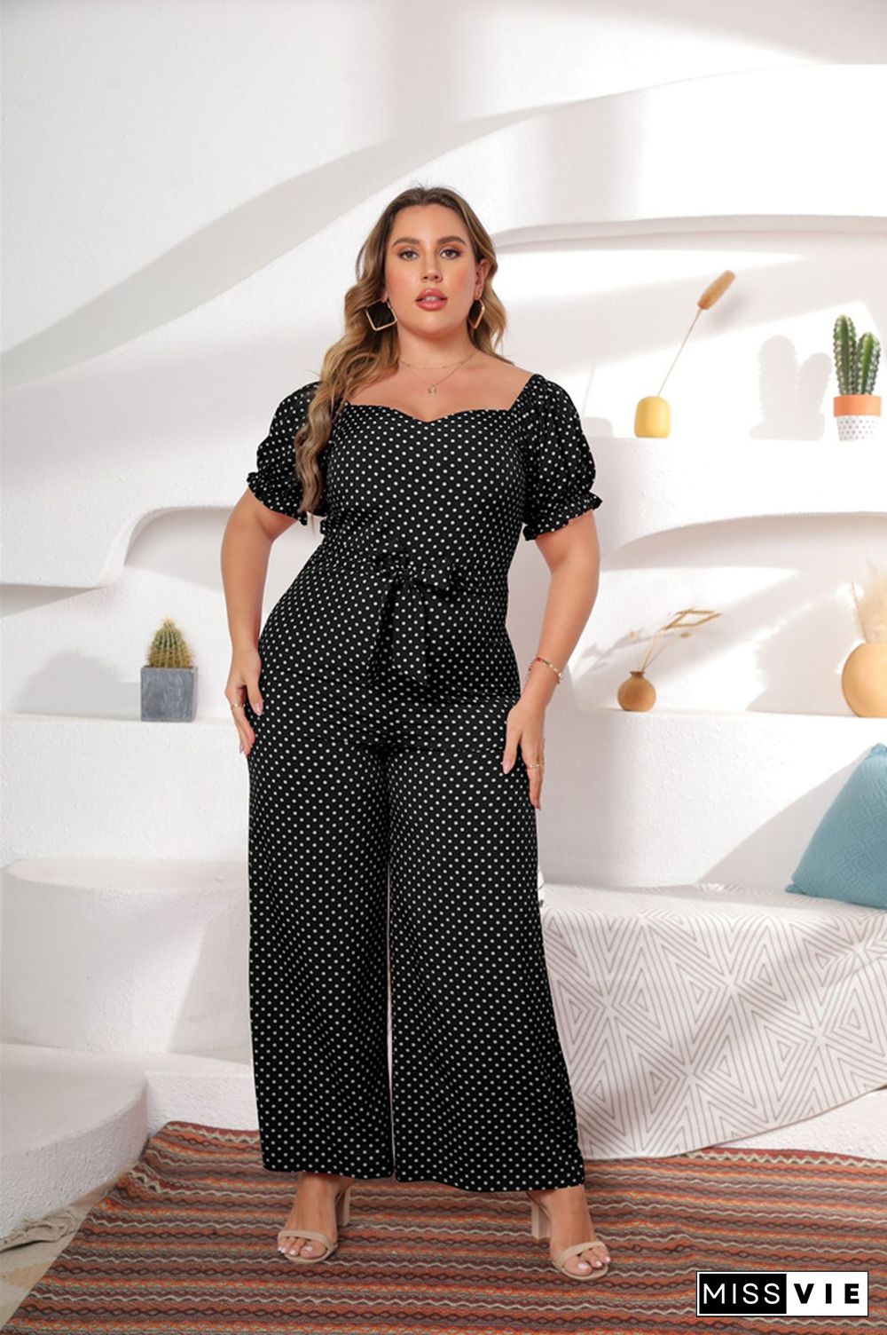 Dot Print Short Sleeve Slash Neck Wide Leg Jumpsuit