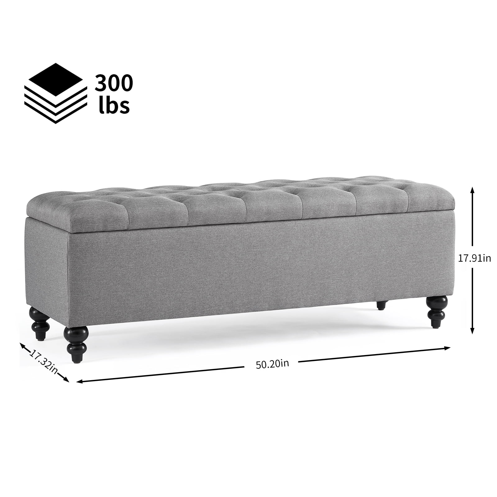 GERICCO 50.2 Inches Ottoman with Storage,Storage Ottoman Bench with Button-Tufted, Bedroom Bench Safety Hinge Ottoman in Upholstered Fabrics, Large Storage Bench for Bedroom, Living Room(Gray)