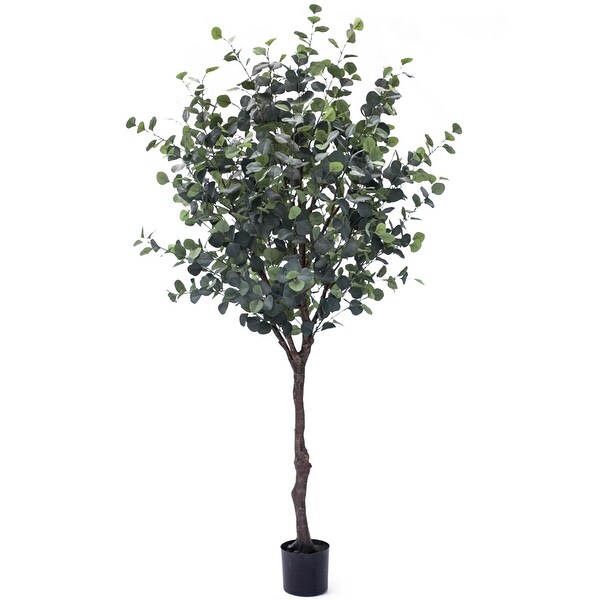 7ft Frosted Green Artificial Silver Dollar Eucalyptus Tree Plant in Black Pot