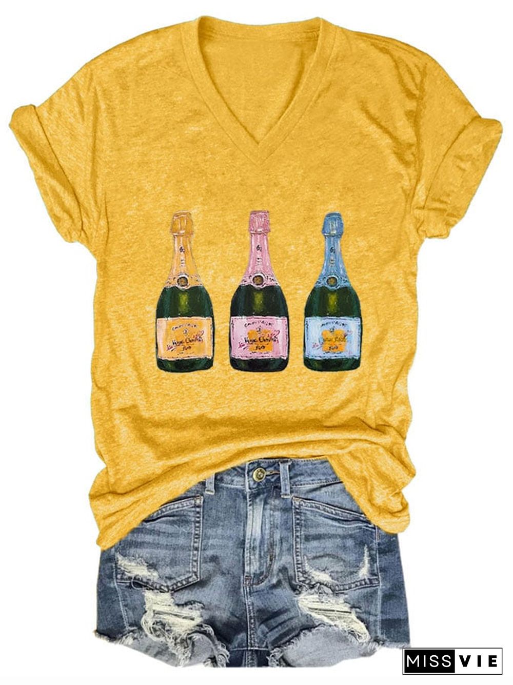 Women's Christmas Champagne Print V-Neck T-Shirt