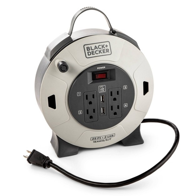 Black decker 25 x27 Cord Reel 16awg 4 Outlets 2 Usb