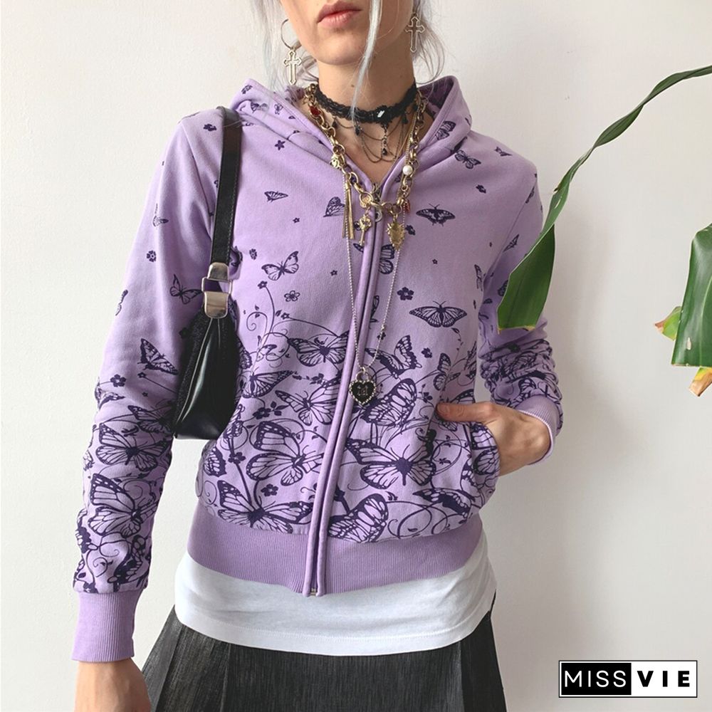 Butterfly Coat Aesthetic Fairycore Grunge Long Sleeve Crop Tops Y2k Women Hooded Jacket Kawaii Sweet Streetwear