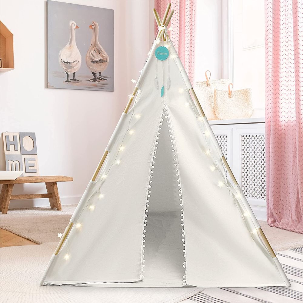 Orian Teepee Tent for Kids Playhouse With LED Lights and Pom Poms
