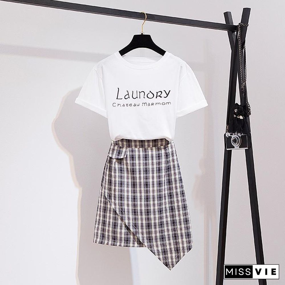 Basic Letter Tee+Plaid Skirt P10124