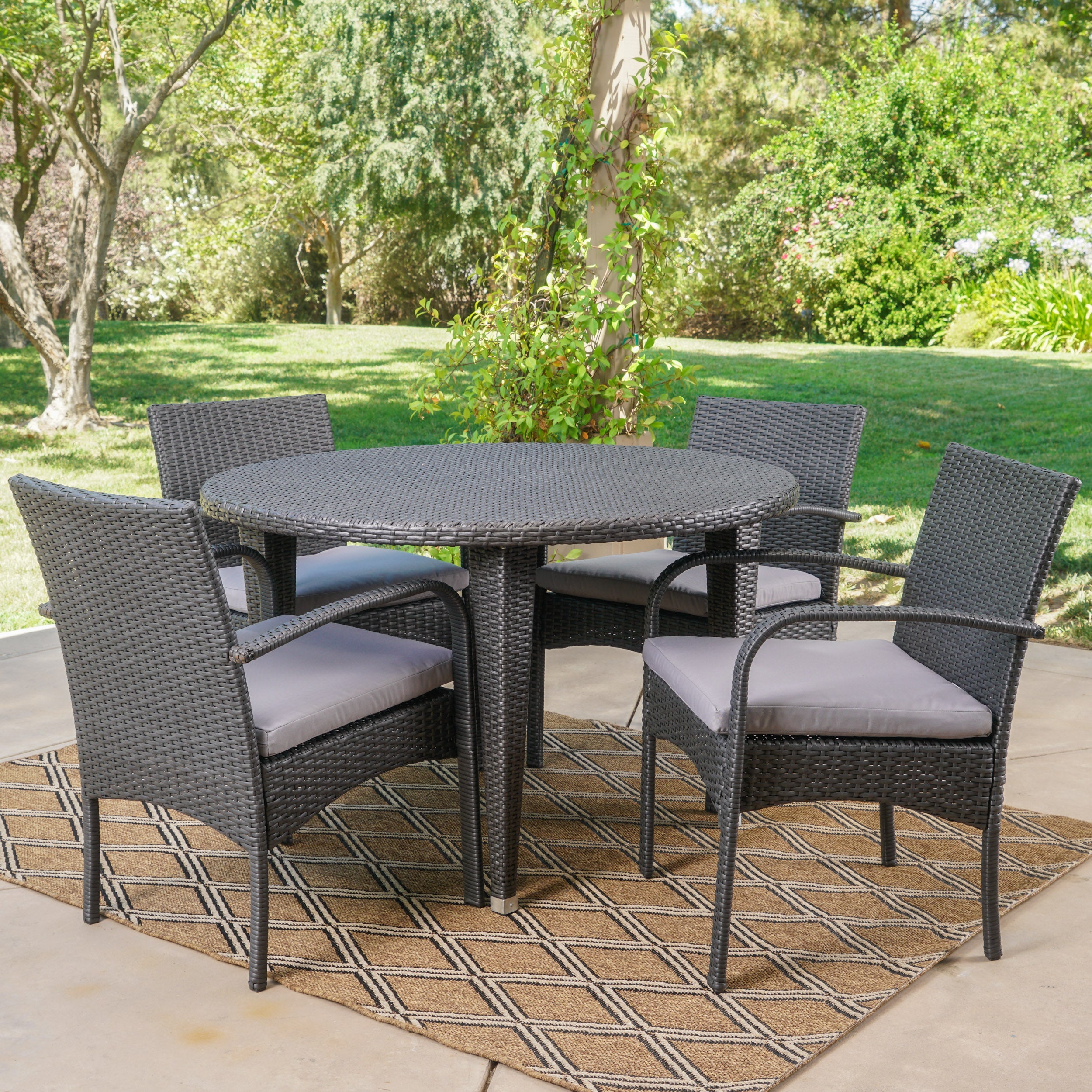 Maloa Outdoor 5 Piece Wicker Circular Dining Set with Water Resistant Cushions