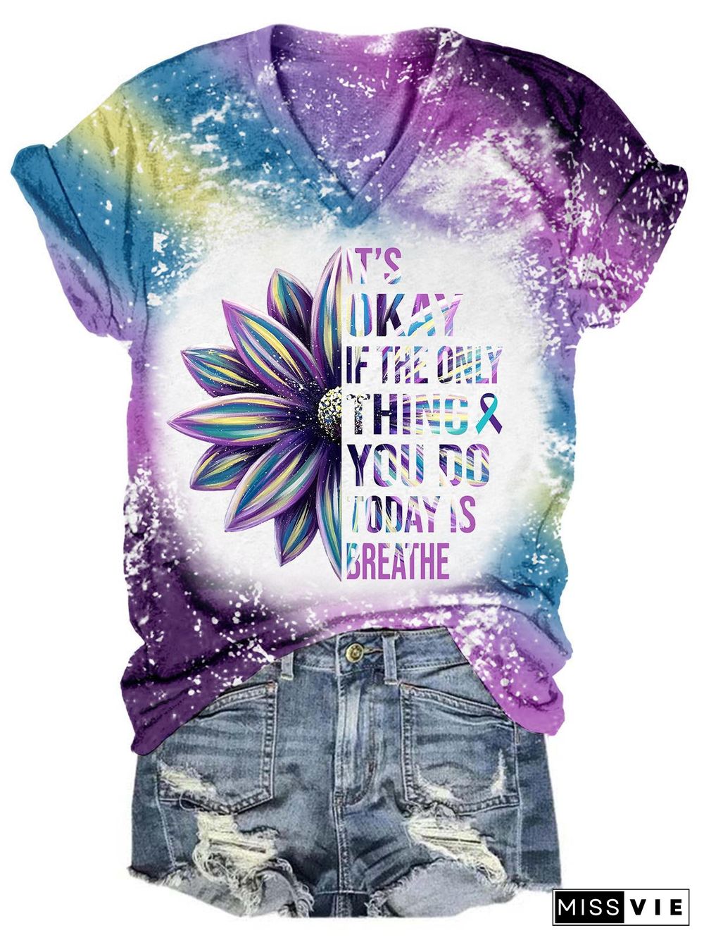 It's Okay Sunflower Tie Dye V Neck T-Shirt