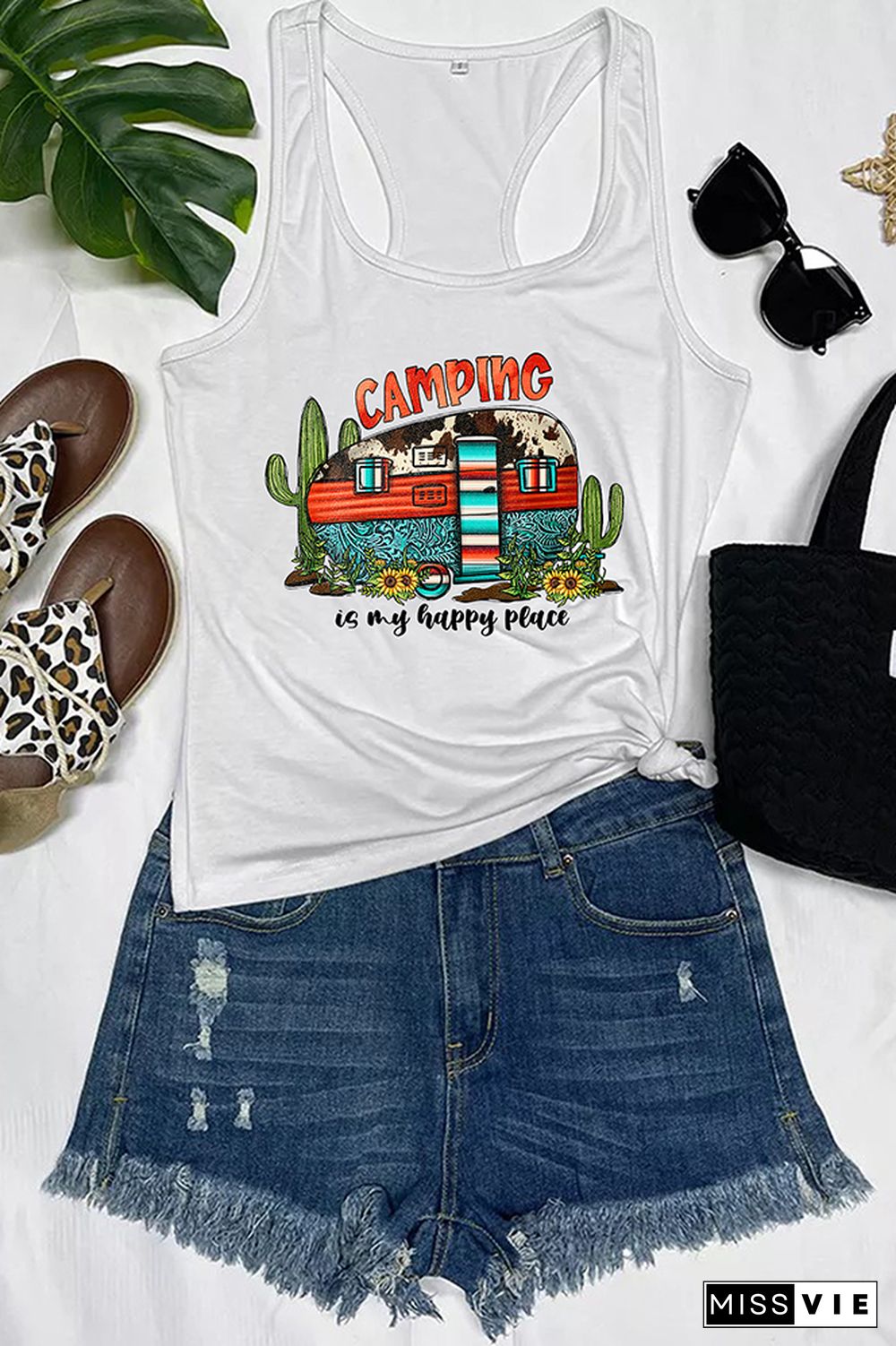 Camping is My Happy Place Printed Sleeveless Tank Top Wholesale