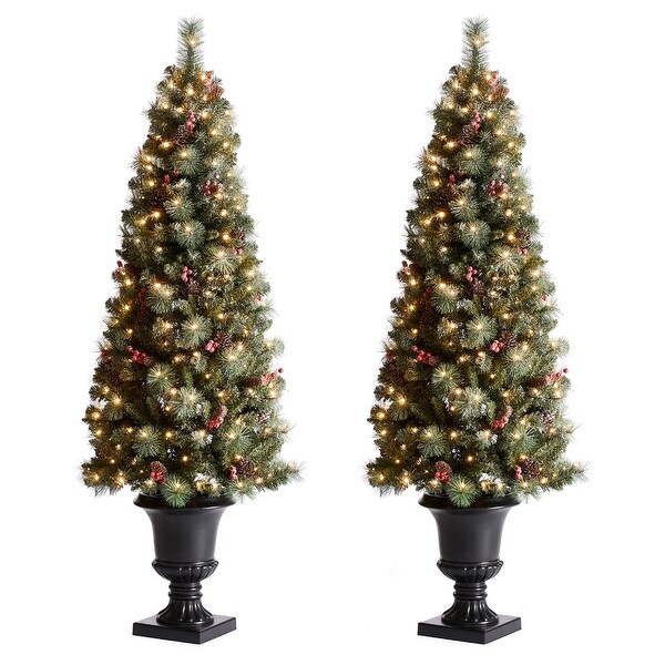 Glitzhome 4ft/5ft/6ft Flocked Pine Christmas Potted Porch Tree With Warm White Lights