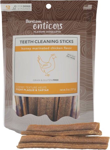 TropiClean Enticers Honey Marinated Chicken Flavor Teeth Cleaning Sticks Dog Dental Treat， 12 count