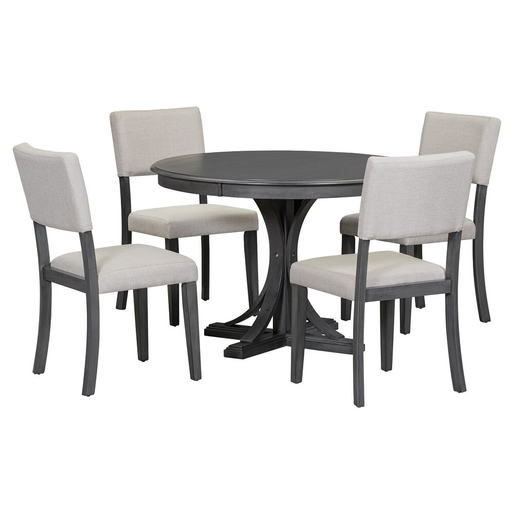 5 Piece Dining Table Set Solid Wood Round Table   4 Upholstered Chairs