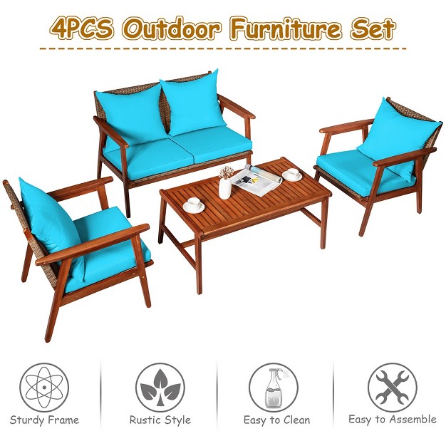 Costway 4pcs Patio Rattan Furniture Set Acacia Wood Frame Cushioned Sofa Chair Turquoise