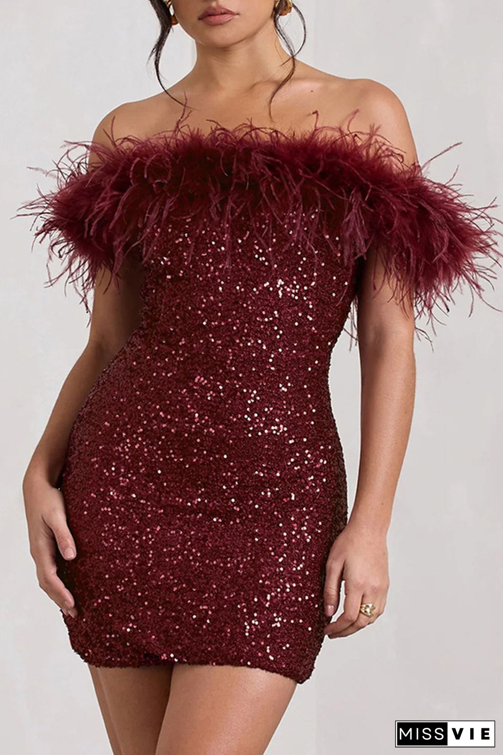 Sexy Solid Sequins Feathers Off the Shoulder Wrapped Skirt Dresses