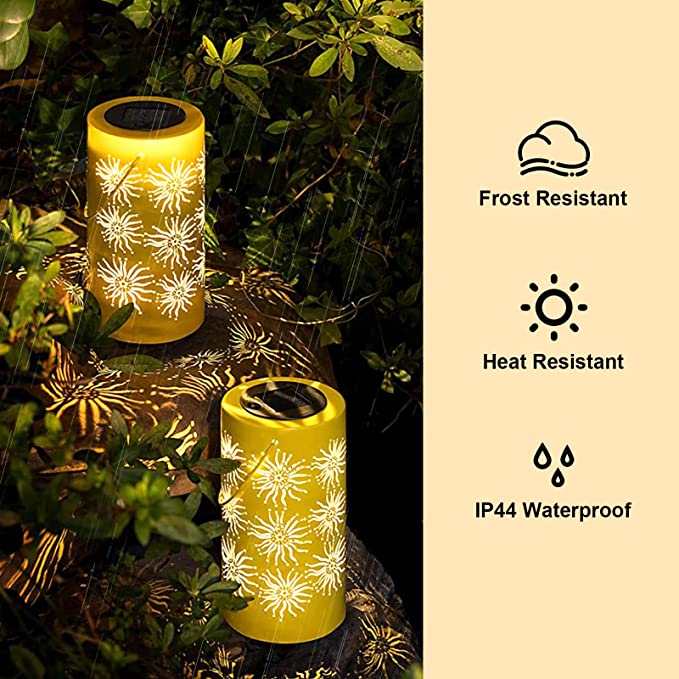 SAKURA Solar Hanging Lantern Outdoor Metal Solar Lamp Sun Patterns LED Light Decorative Solar Lights with Handle Waterproof Plastic and Metal for Garden Patio， Yellow， Warm White Light