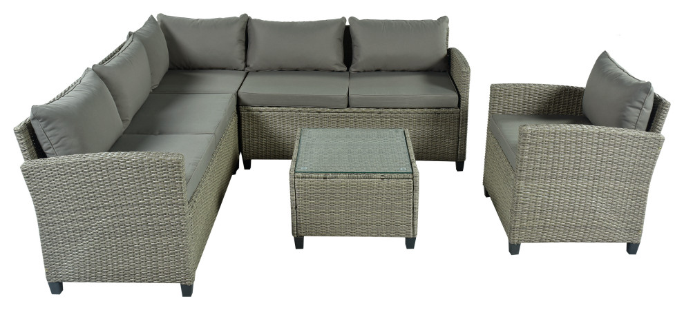 5 Pieces Outdoor Rattan Patio Sectional Sofa Set with Coffee Table   Tropical   Outdoor Lounge Sets   by AquaView Inc  Houzz