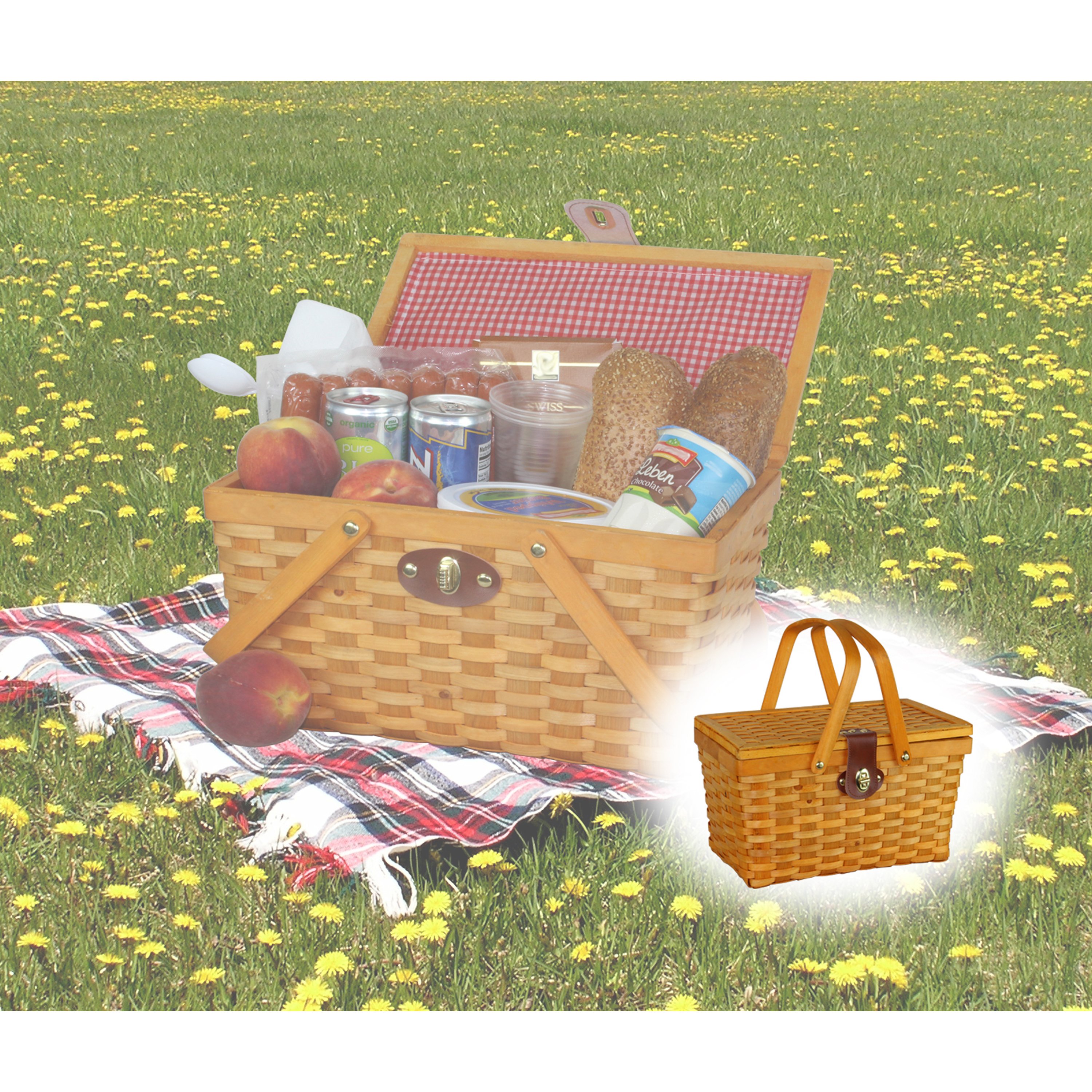 Picnic Basket Gingham Lined with Folding Handles