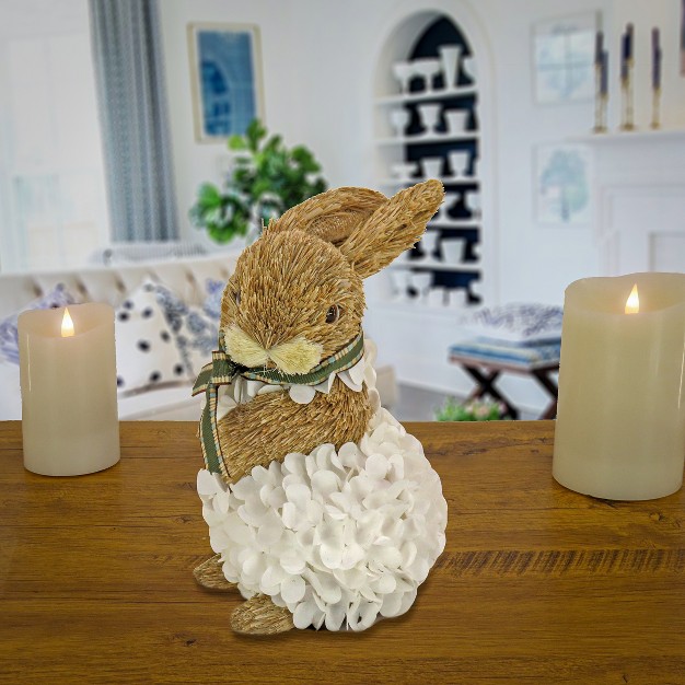 National Tree Company Artificial Bunny Table Decoration Wood Cut Decorated With White Flower Blooms Easter Collection 10 Inches