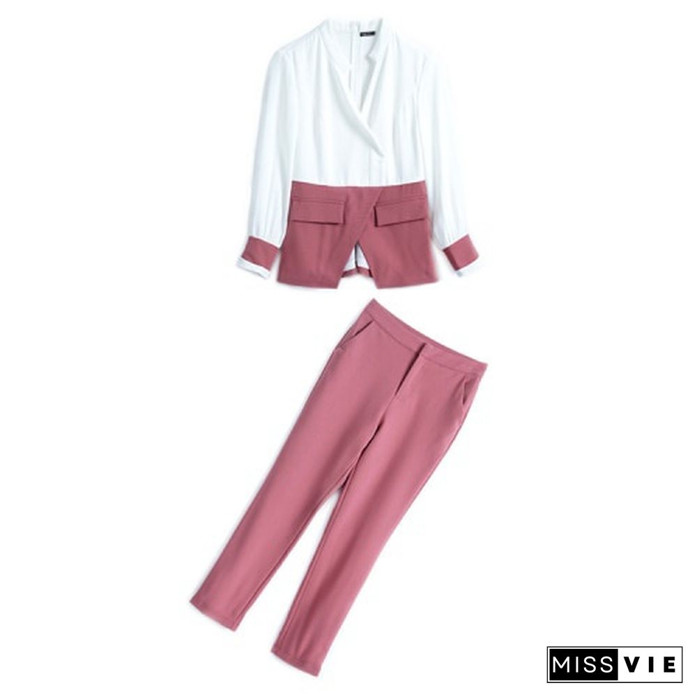 Designer Autumn Suit Women Pants 2 Piece Set Elegant Office Lady Outfits Hit Color Blouse And Pants Fashion Sets