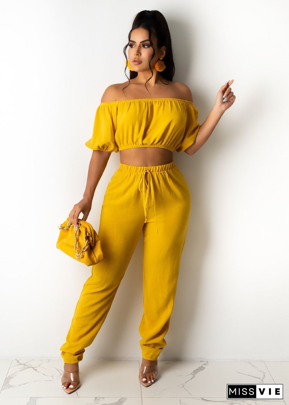 Sexy Solid Color High Elastic Off Shoulder Short Sleeve Crop Top Drawstring Long Pants Women 2 Piece Set