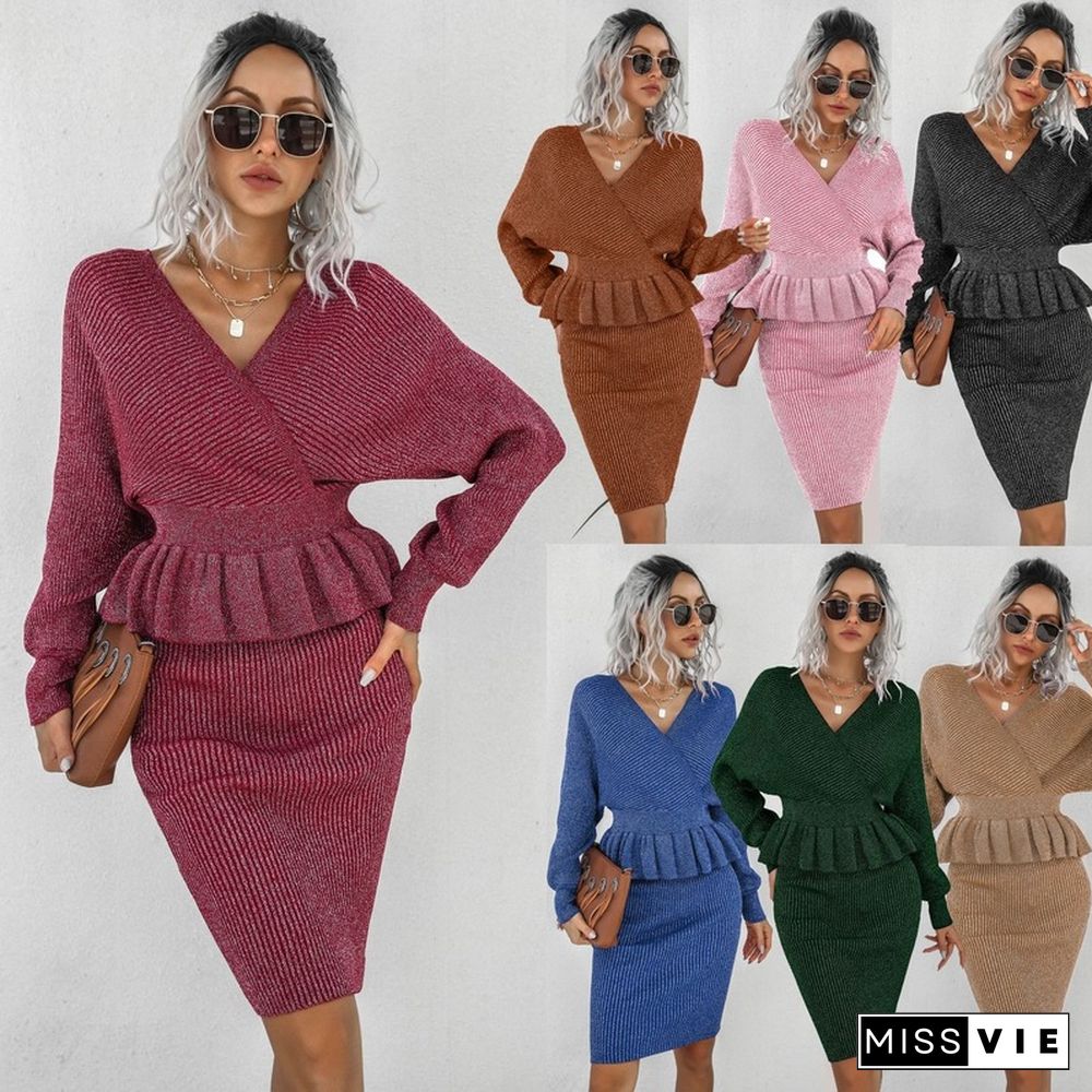 Elegant Black Skirt Sets Women's Autumn And Winter New Fashion Casual V Neck Ruffled Knitted Sweater Skirt Two-piece Suit